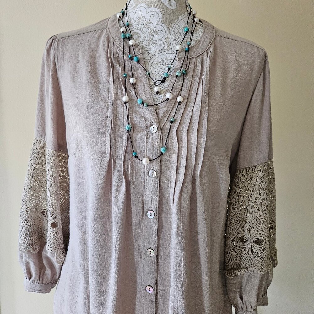 Fig and Flower Taupe Boho 3/4 Sleeve Button down Shirt Top Size M